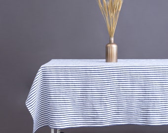 Blue striped linen tablecloth, washed linen tablecloth, blue stripy tablecloth, Round, square, rectangular table linens,