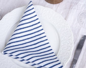 Striped linen napkin, white blue stripy napkins, linen napkins in stripes, nautical napkins, reusable napkins