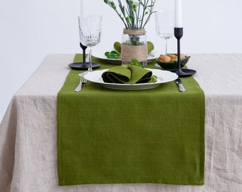 Moss green linen table runner, holiday table runner, small table runner, coffee table runner, linen table topper