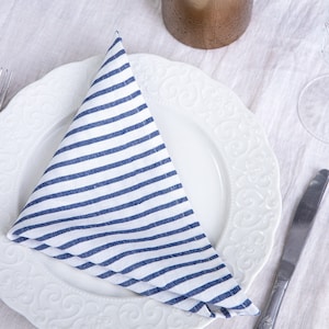 Striped linen napkin, white blue stripy napkins, linen napkins in stripes, nautical napkins, reusable napkins