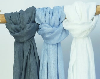 Women linen scarf, linen shawl, summer scarf,  spring linen scarf, linen wrap, white neck scarf, long linen scarf, men linen scarf