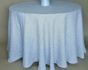 Round linen tablecloth, 90 inch circle table cloth, french striped tablecloth, round table cover, natural linen table cloth