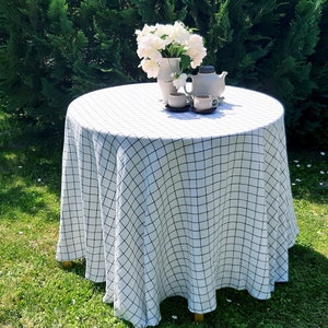 White checked linen tablecloth, plaid circle table cloth, checker table cloth, check table cover, 90 inch tablecloth