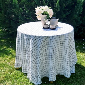 Checkered linen round tablecloth, plaid circle table cloth, checker table cloth, rustic tablecloth, check table cover, 90 inch tablecloth