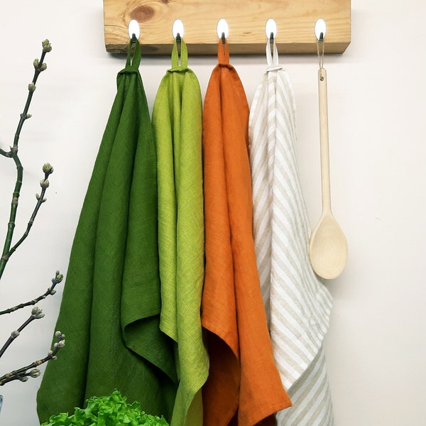 Moss green linen tea towel, lime green dish towel, linen towel with loop, linen kitchen towels, linen dish cloth, linen hand towel