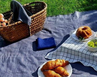 Large picnic blanket, linen picnic mat, gray beach blanket, linen camp rug, outdoor lunch cloth