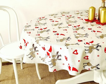 Oval Christmas tablecloth, X-mas table cloth, linen table cover, table holiday decor, festive table cloth