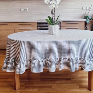 Oval ruffle tablecloth, oval striped linen tabloth, ruffled tablecloth, white stripy oval table cloth, oval table cover