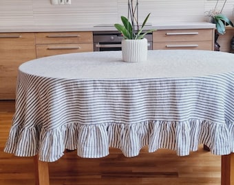 Oval ruffle tablecloth, oval striped linen tabloth, ruffled tablecloth, white stripy oval table cloth, oval table cover