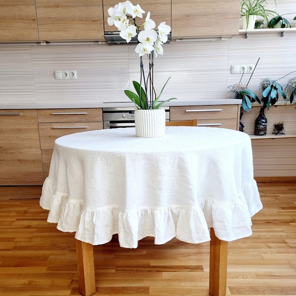 Round linen ruffle table cloth, off white ruffled tablecloth, round ivory tablecloth, natural linen tablecloth