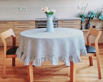 Round ruffled linen tablecloth, striped table cloth with ruffles, round stripy linen tablecloth, 90 inch tablecloth