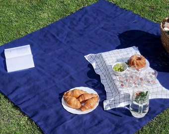 Linen picnic blanket, navy beach mat, blue throw blanket, outdoor linen throw, coastal blanket, outdoor mat for kids
