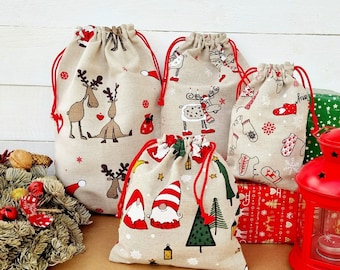 Christmas Gift Sacks – Various Sizes | Colorful Reindeer, Santa & Dog Designs