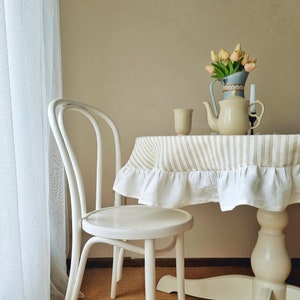 Round ruffled linen tablecloth, striped table cloth with ruffles, round stripy linen tablecloth, 90 inch tablecloth