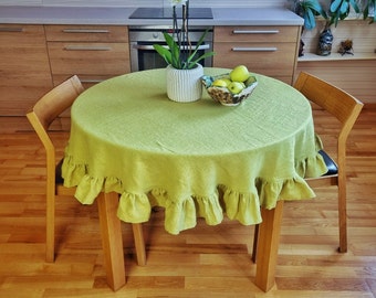 Round ruffle tablecloth, lime green ruffled table cloth, chartreuse linen tablecloth, Shabby chic style