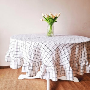 Check tablecloth with ruffles, Round linen ruffle table cloth, white ruffled tablecloth, 90 inch tablecloth, checked tablecloth