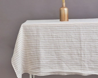 Striped linen tablecloth, washed linen tablecloth, beige stripy tablecloth, Round, square, rectangular table linens,