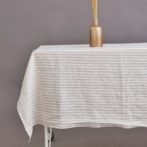 Striped linen tablecloth, washed linen tablecloth, beige stripy tablecloth, Round, square, rectangular table linens,