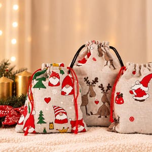 Linen Christmas Gift Bags – Reusable Drawstring Bags | XS to XXL Sizes