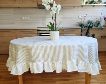 Oval ruffle tablecloth, oval striped linen tabloth, ruffled tablecloth, white stripy oval table cloth, oval table cover