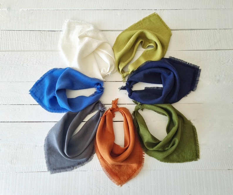 Colors clockwise - caramel, dark gray, cornflower blue, milky white, lime green, navy, moss green