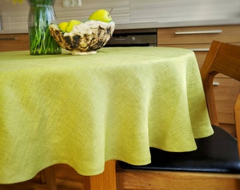 Lime green round linen tablecloth, linen circle table cloth, chartreuse linen table cover