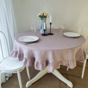 Wood rose linen tablecloth, round table cloth with ruffles, 70 inch tablecloth, wedding tablecloth, mauve table cover