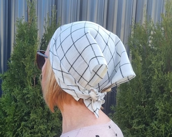 White checked bandana, linen headscarf, triangle head bandana, wide linen headband, summer hair bandana, hair covering