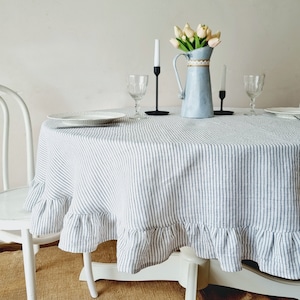 Round ruffled linen tablecloth, striped table cloth with ruffles, round stripy linen tablecloth, 90 inch tablecloth