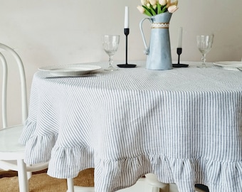 Round ruffled linen tablecloth, striped table cloth with ruffles, round stripy linen tablecloth, 90 inch tablecloth