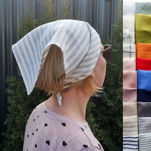 Striped headscarf, triangle head bandana, wide linen headband, summer hair bandana, hair covering