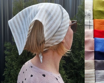 Striped headscarf, triangle head bandana, wide linen headband, summer hair bandana, hair covering