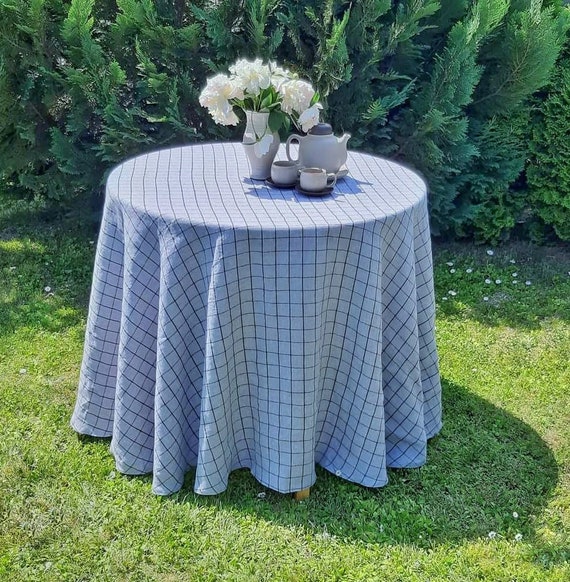 Checked linen round tablecloth, plaid cycle table cloth, checker table cloth, rustic tablecloth, check table cover, 90 inch tablecloth