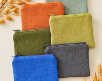 Handmade Linen Zipper Coin Pouch, Travel Card Holder, 100% Linen Fabric
