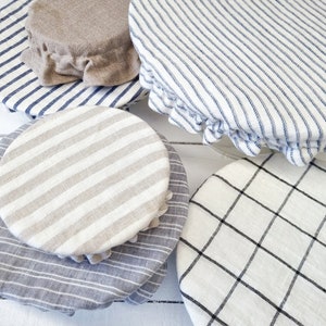Striped dish cover, bowl cover, reversible pot cover, elastic linen cover, kombucha jar cover, linen bowl closure