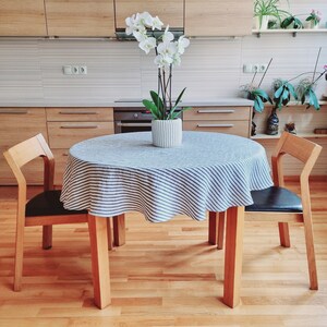 Sage green linen table cloth, Blue striped