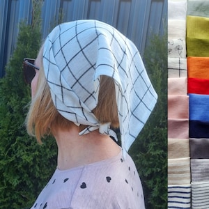 Checked headscarf, triangle head bandana, wide linen headband, summer hair bandana, hair covering