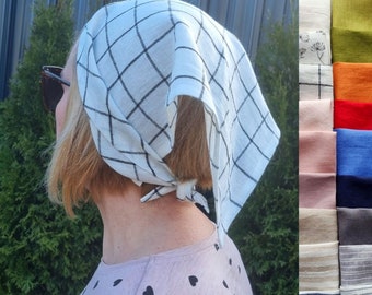 Checked headscarf, triangle head bandana, wide linen headband, summer hair bandana, hair covering