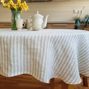 Oval linen tablecloth, white stripy oval table cloth, beige stripes linen tablecloth, striped table cloth, oval table cover