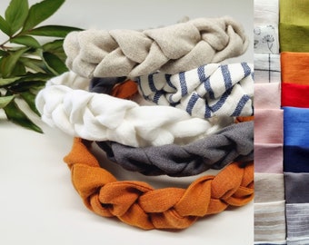 White braided linen headband, boho headband, striped hair band, elastic headband, hair accessories