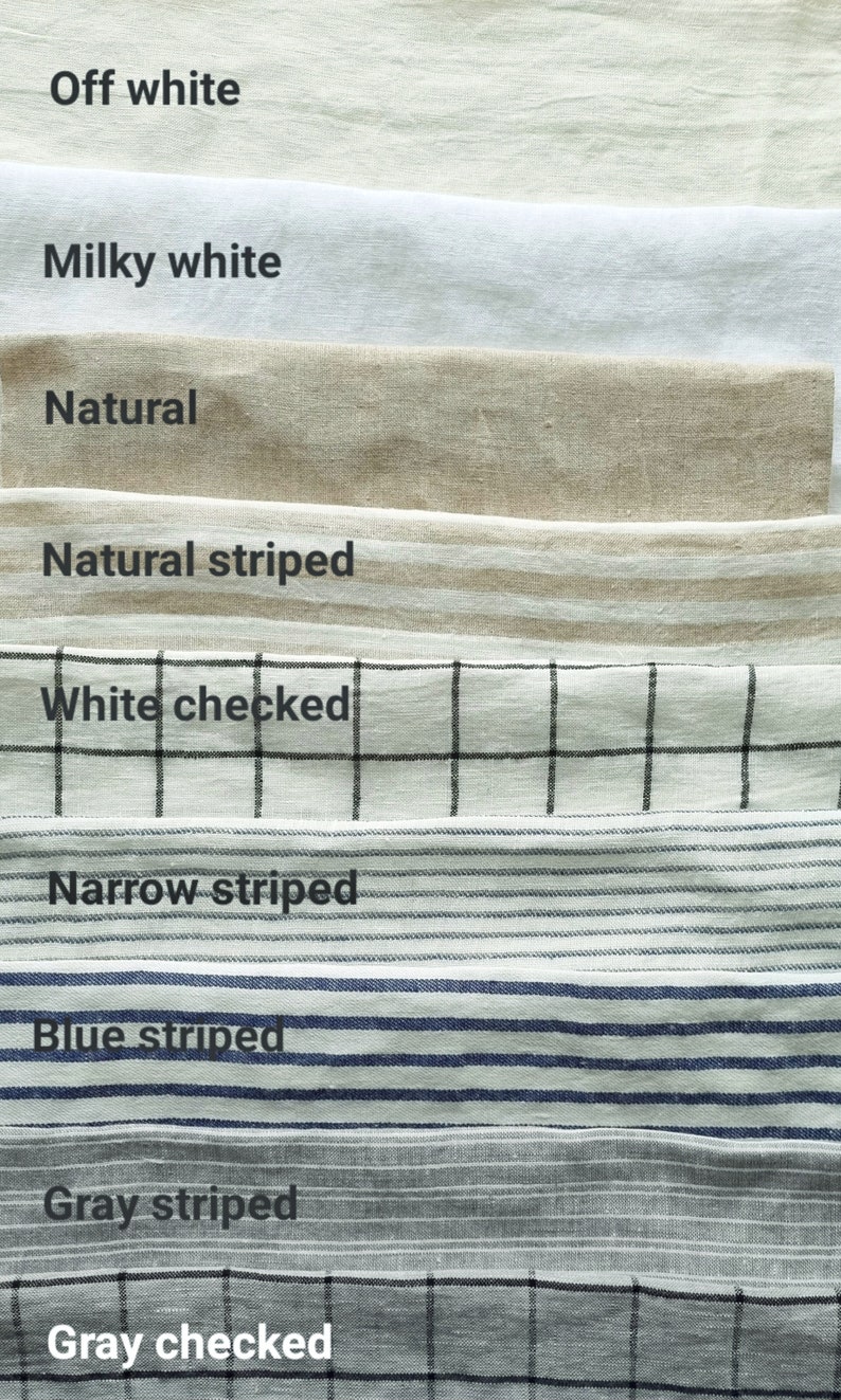 May include: A close-up of eight fabric swatches in different colors and patterns. The swatches are arranged vertically, with the top swatch being off-white and the bottom swatch being gray checked. The swatches are labeled with their names: Off white, Milky white, Natural, Natural striped, White checked, Narrow striped, Blue striped, Gray striped, and Gray checked.