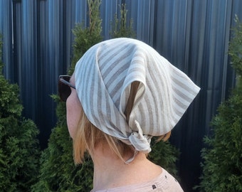 Striped headscarf, triangle head bandana, wide linen headband, summer hair bandana, hair covering