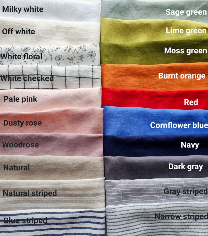 May include: A collection of folded linen fabric samples in various colors. Colors include milky white, off white, pale pink, dusty rose, sage green, lime green, burnt orange, red, cornflower blue, and navy. Some fabrics have floral, checked, or striped patterns.