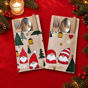 Kerstbestekhouders, herbruikbare stoffen bestekzakjes, feestelijke tafeldecoratie, decoratie voor het diner