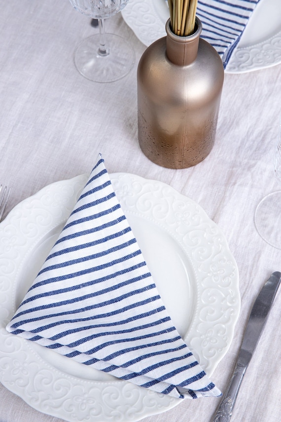 Striped linen napkin, white blue stripy napkins, linen napkins in stripes, nautical napkins, reusable napkins
