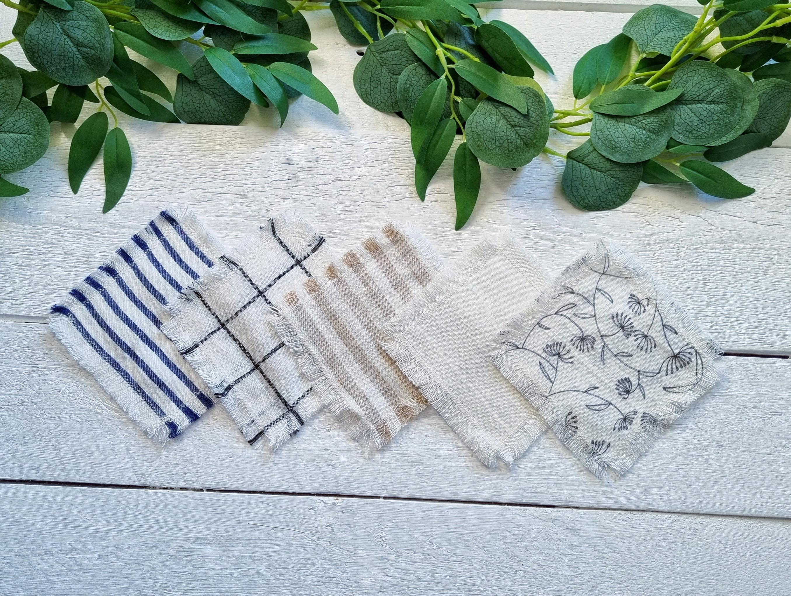 White coasters set, frayed edge linen coasters, linen coasters set of 4, drink coasters, cup coasters, beverage coasters