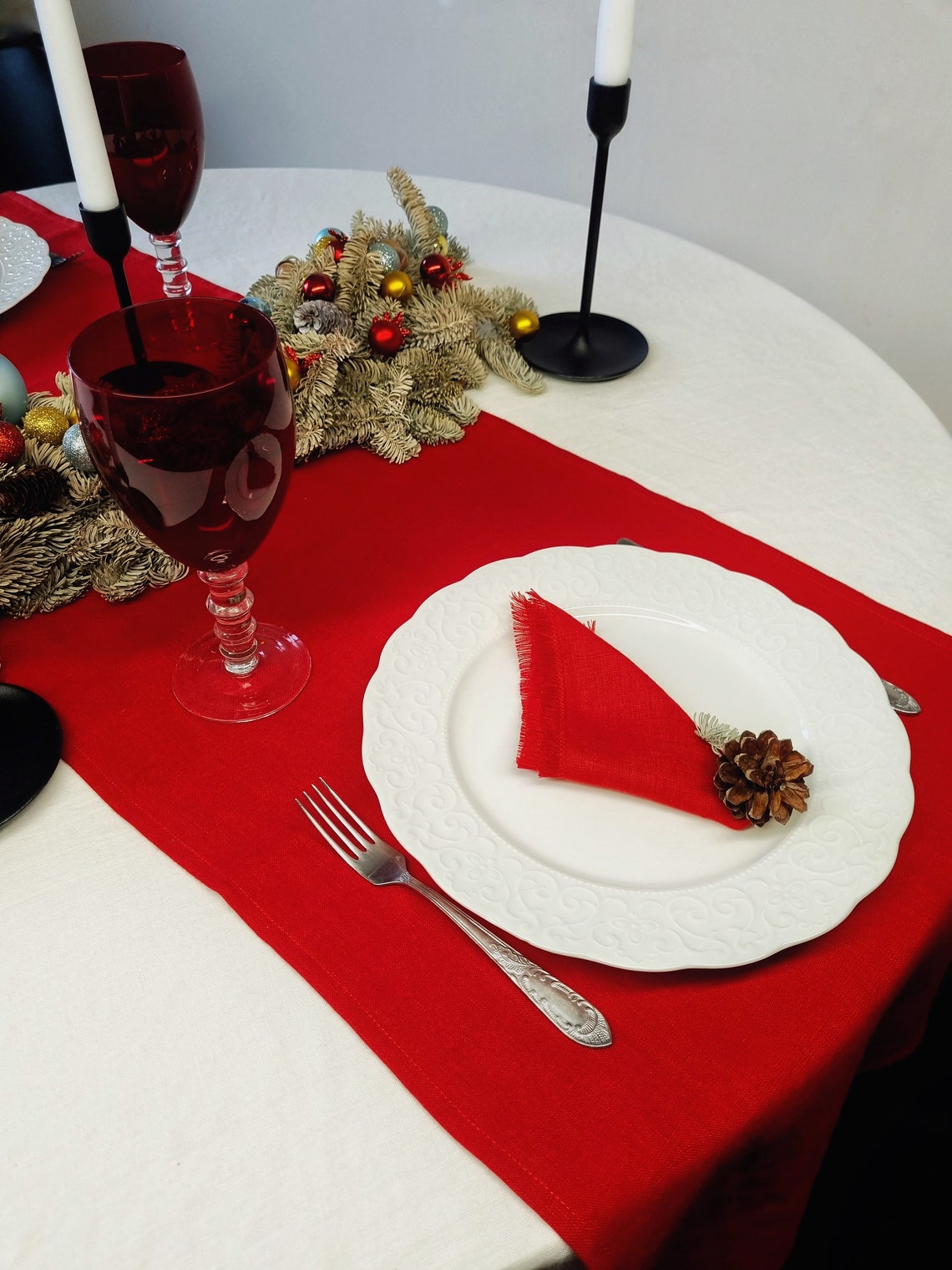 Red Linen Napkins With Fringe Christmas Table Napkins Raw Etsy