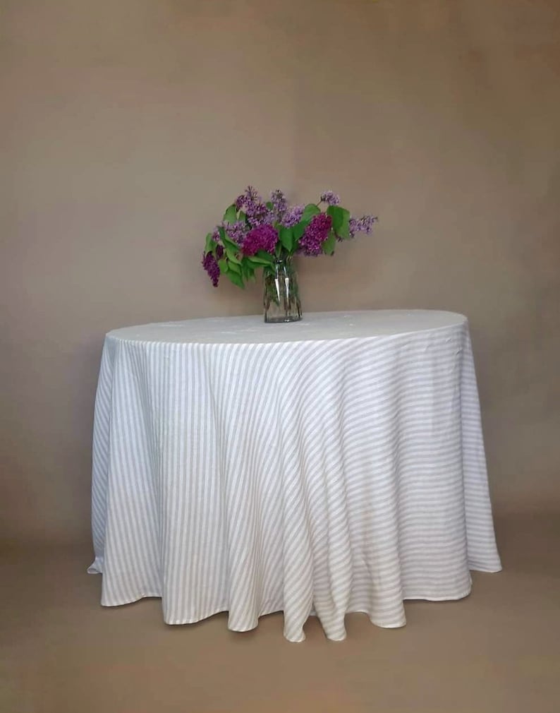 Round Linen Tablecloth, 90 Inch Circle Table Cloth, French Striped