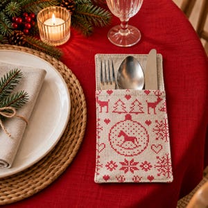 Kerstbestekhouders, herbruikbare stoffen bestekzakjes, feestelijke tafeldecoratie, decoratie voor het diner