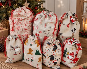 Linen Christmas Gift Bags – Mini to XL Sizes | Festive Reindeer, Santa & Dog Prints